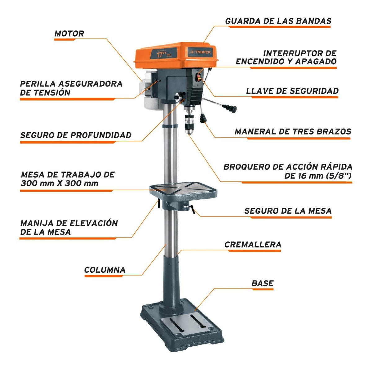 Foto 2 | Taladro De Piso 17 , Broquero 5/8 , 1200w (1-1/2hp), Truper