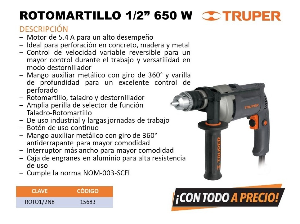 Foto 3 pulgar | Taladro Industrial 1/2 650w Rotomartillo Truper 15683 Tal222