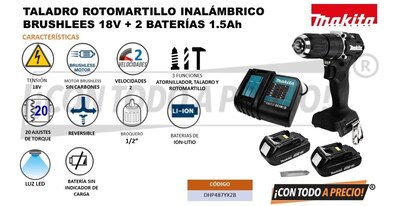 Foto 2 | Taladro Inalámbrico Makita 1/2 18v Dhp487yx2b Brushless 2bat