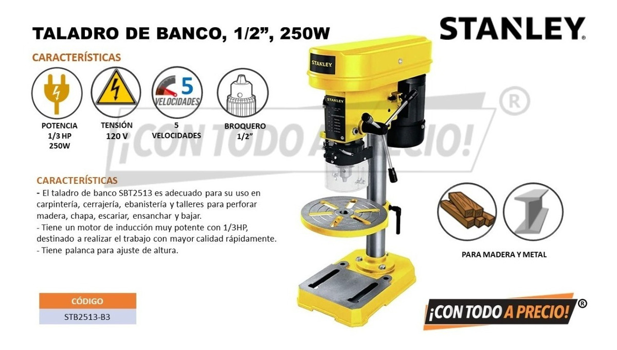 Foto 3 pulgar | Taladro De Banco 1/2 In 5 Velocidades 1/3 Hp Stanley Sbt2513