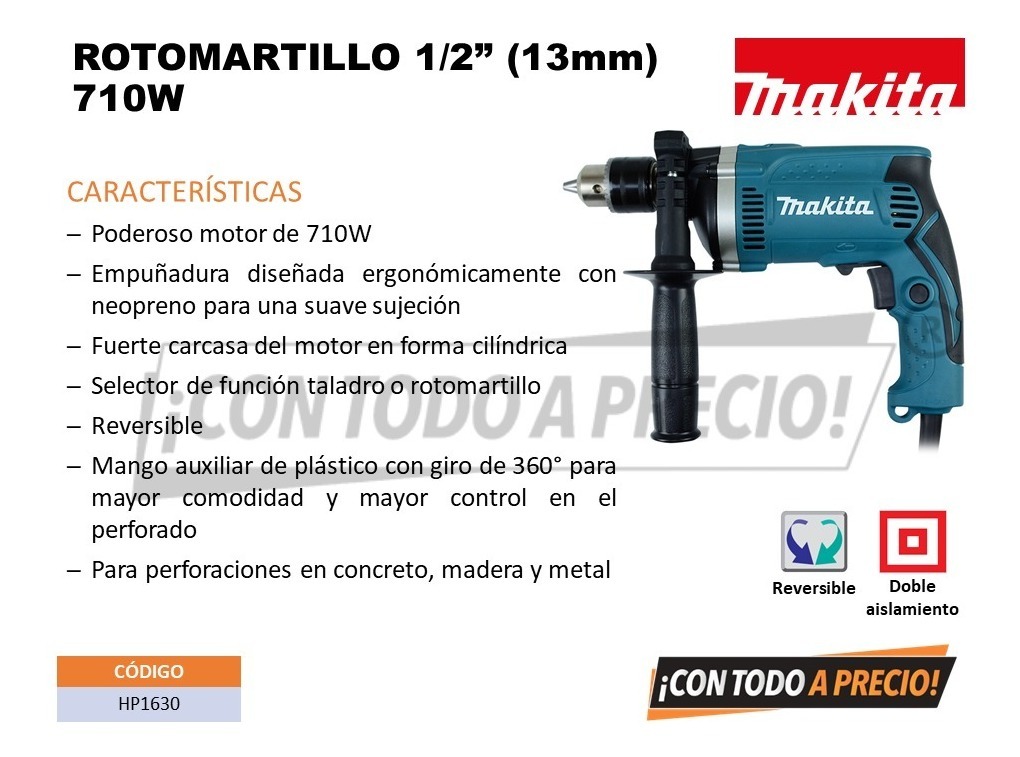 Foto 3 pulgar | Taladro Rotomartillo 710w Makita 1/2 Hp1630 T043