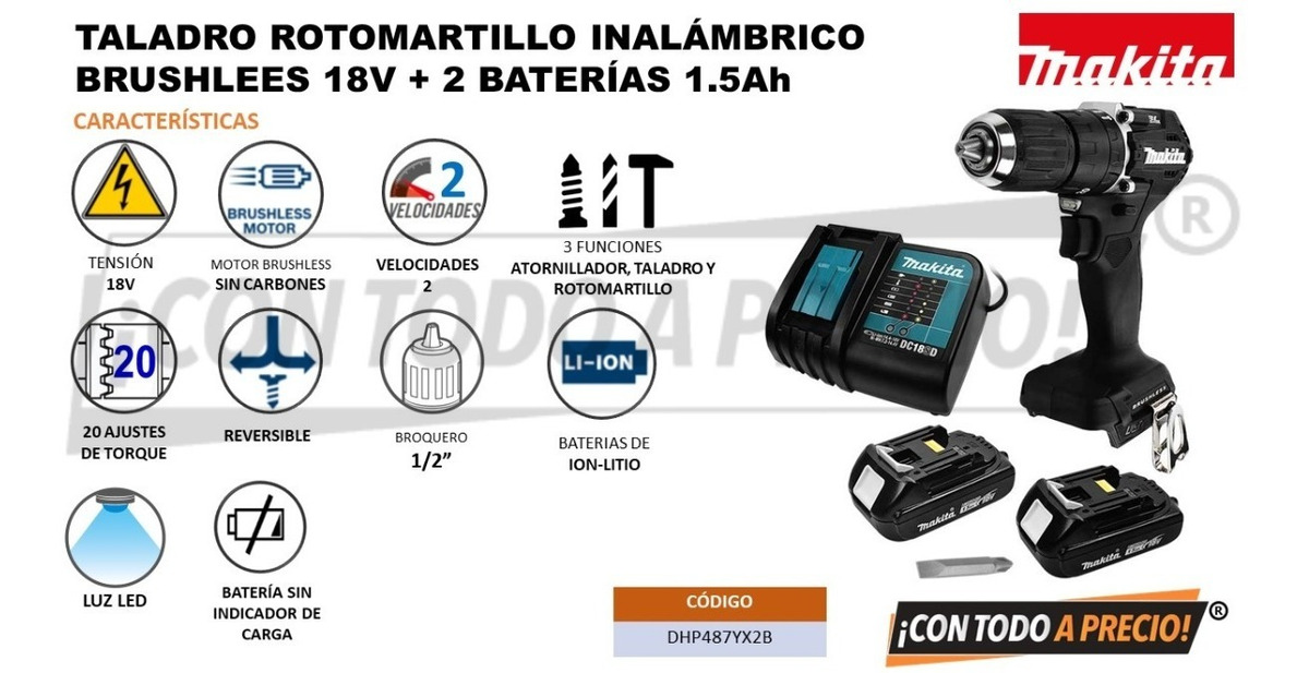 Foto 3 pulgar | Taladro Inalambrico Makita Brushless 1/2 Dhp487yx2b 18v 2bat