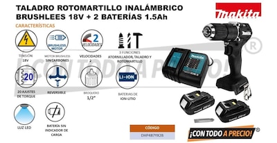 Foto 2 | Taladro Inalambrico Makita Brushless 1/2 Dhp487yx2b 18v 2bat