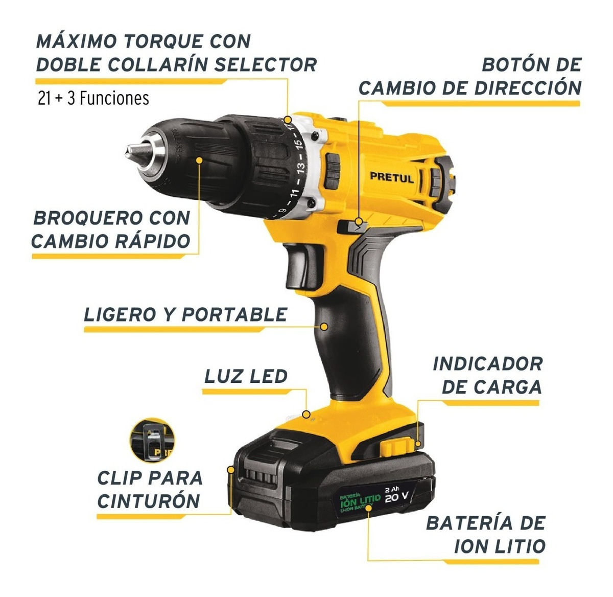 Foto 3 pulgar | Taladro Inalámbrico 1/2'', 20v, Pretul 26118