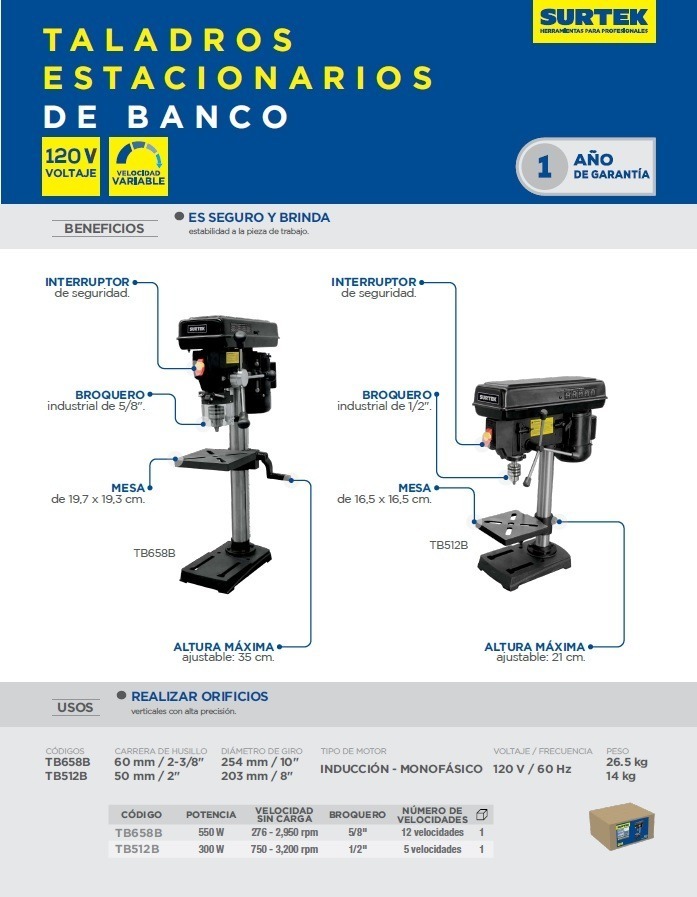 Foto 3 pulgar | Taladro Estacionario De Banco 1/2 0.3hp 300w Surtek Tb512b