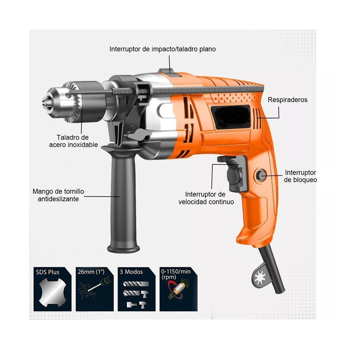 Foto 2 | Taladro Rotomartillo 1/2'' Herramienta Profesional 810w Eo Safe Imports Esi-3788 color Naranja