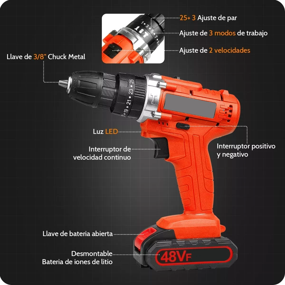 Foto 3 pulgar | Taladro de Impacto Inalámbrico con 2 Baterías de Litio Eo Safe Imports Esi-3561 color Anaranjado