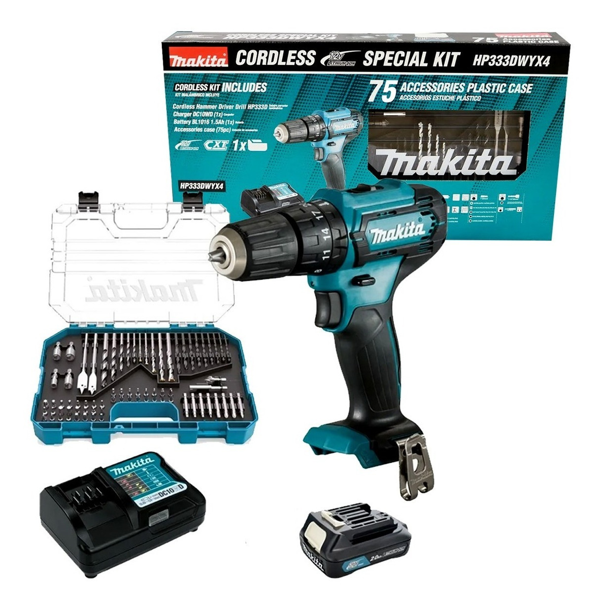 Taladro Rotomartillo 12v  + 75 Accesorios Makita Hp333dyex4