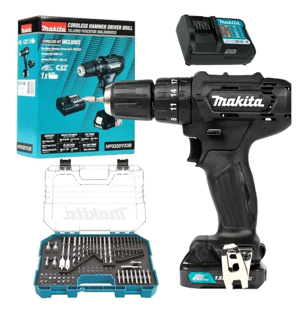 Taladro Rotomartillo Makita HP333DYX3B color Negro más Juego de Accesorios