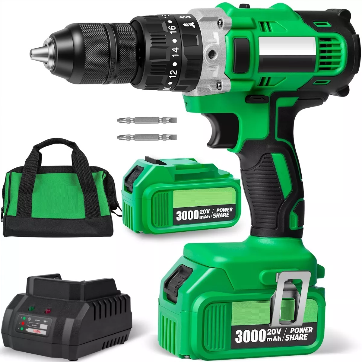 Set Taladro Rotomartillo 1/2'' Con 3.0ah Batería Bolsa Herramientas Eo Safe Imports Esi-4388 Verde