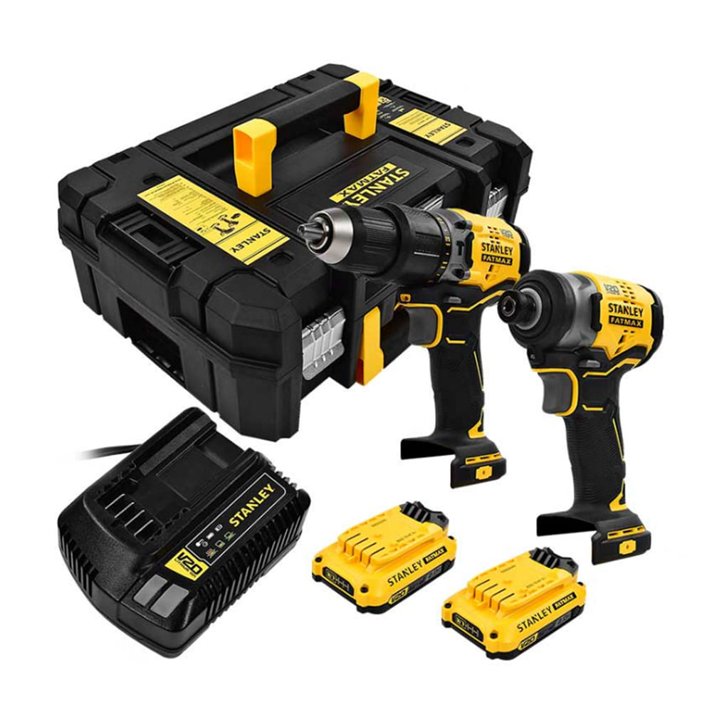 Taladro + Llave de Impacto Stanley SBDI465D2T-B3 color Amarillo 20v + Accesorios