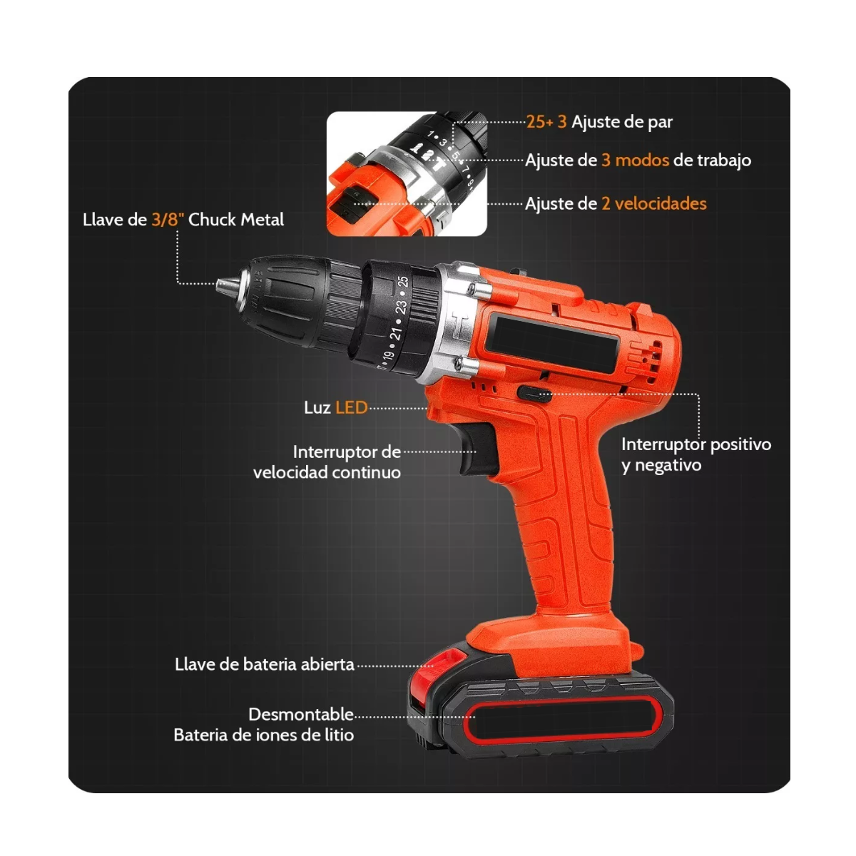 Foto 3 pulgar | Taladro de Impacto Inalámbrico con 2 Baterías de Litio Esi-5406 color Naranja