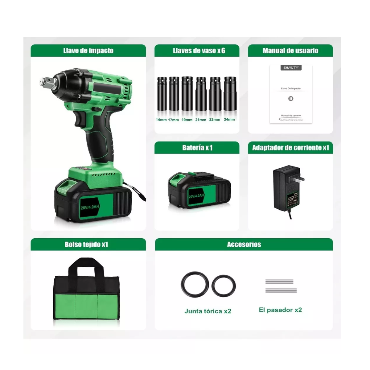 Foto 3 | Llave de Impacto Inalámbrica ESI-7100 color Verde 20v 4.0ah 15 Piezas