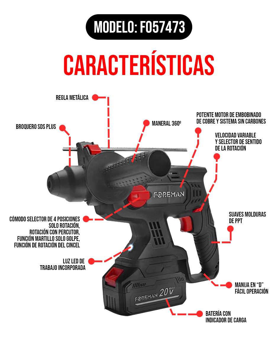 Foto 4 pulgar | Rotomartillo Inalámbrico Foreman Fo57473 1500w