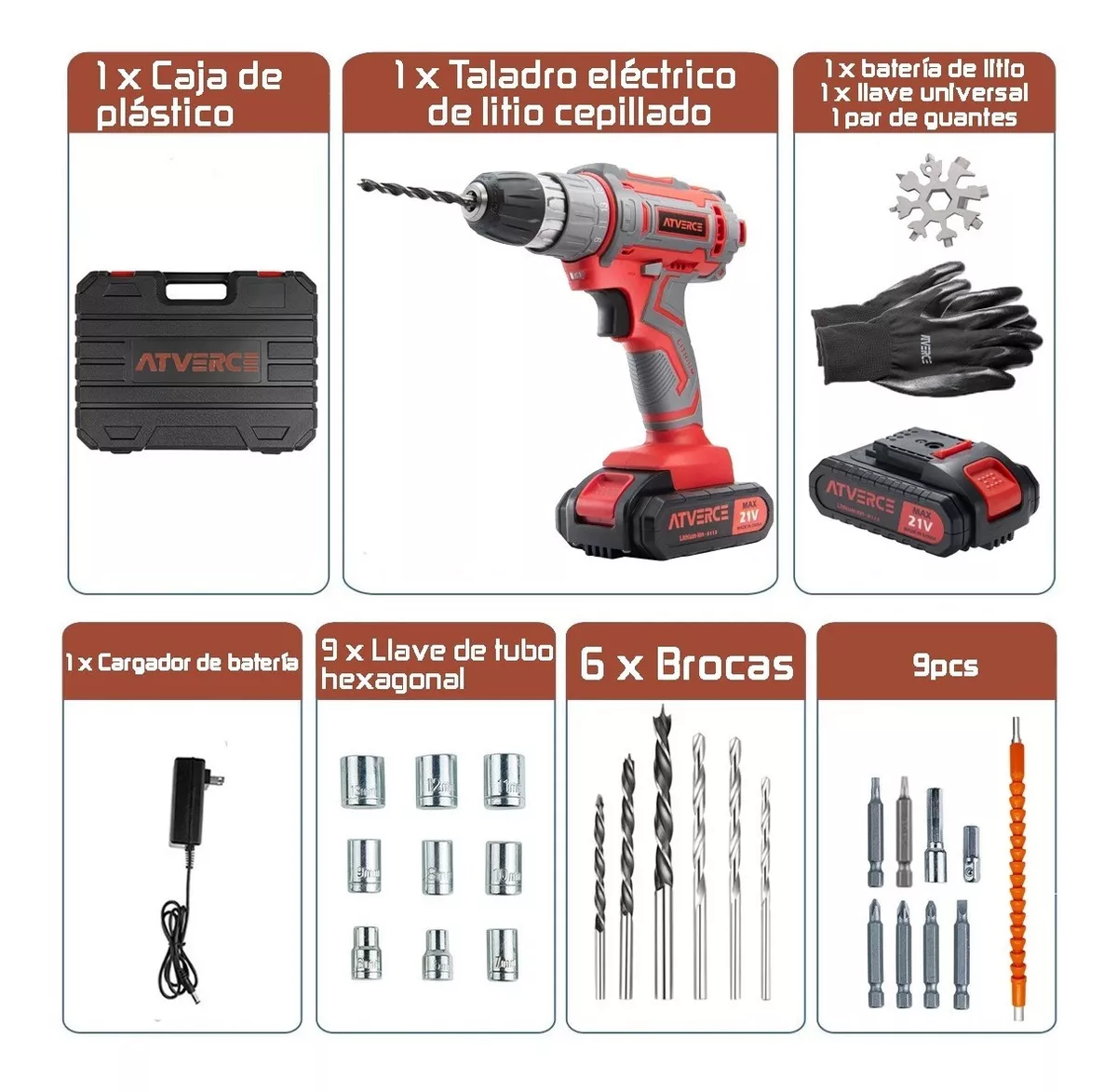 Foto 6 pulgar | Kit Taladro Eléctrico Atornillador Inalámbrico Atverce color Rojo 21 V