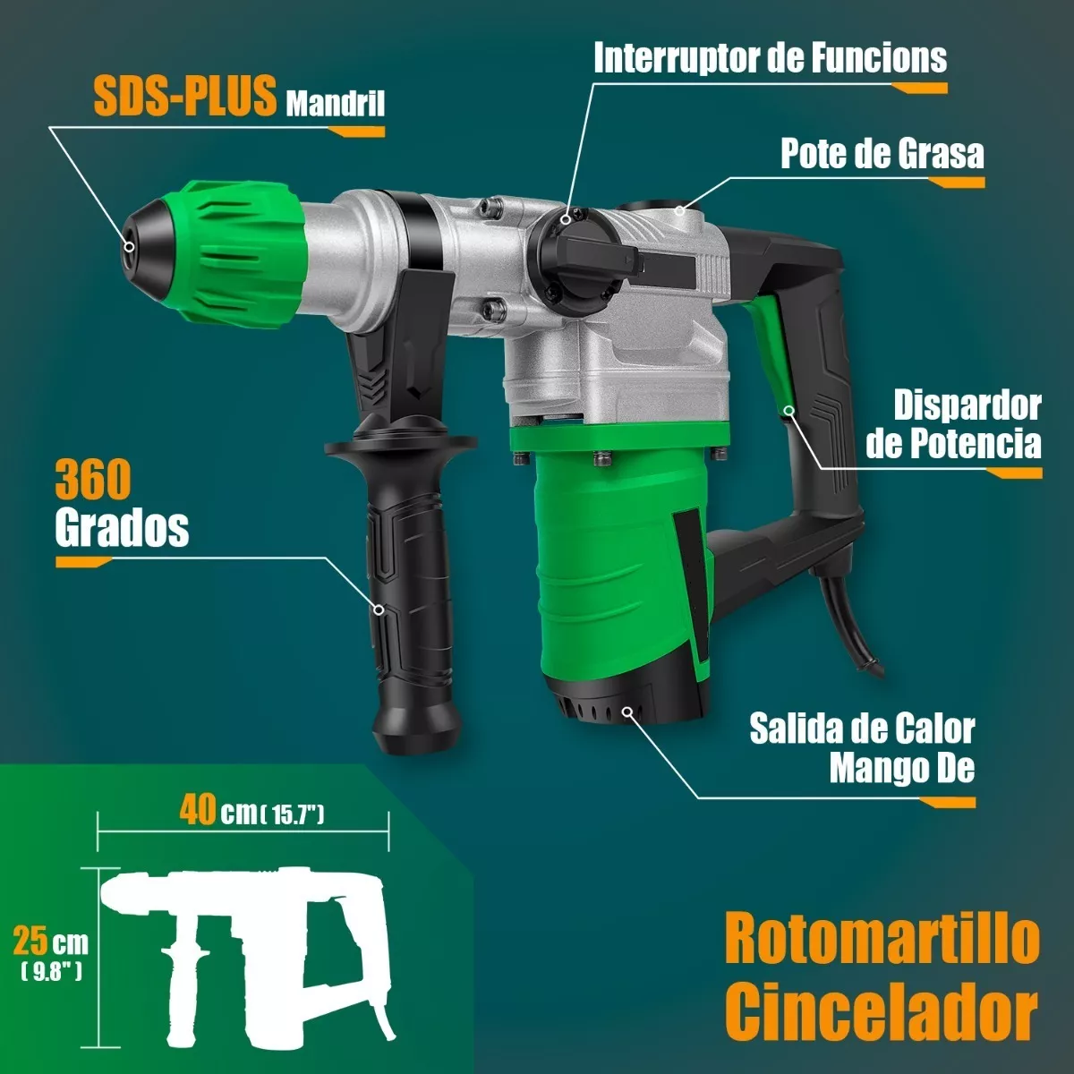 Foto 3 pulgar | Rotomartillo Cincelador Industrial Sds 1600w 8 Piezas Eo Safe Imports Esi-8308 color Verde