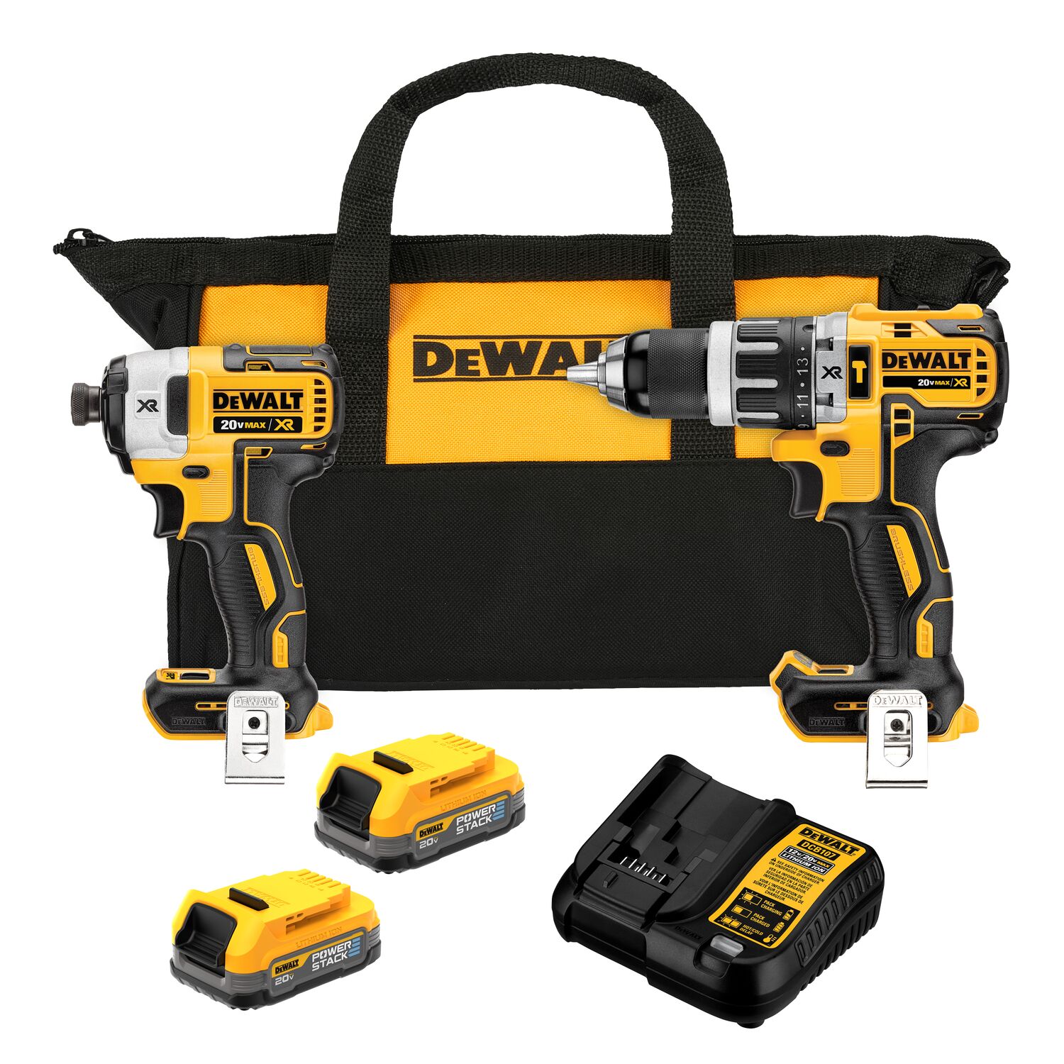 Kit DeWalt Dck287e2 Rotomartillo 1/2 20v + Pistola Impacto color Amarillo 6 Piezas