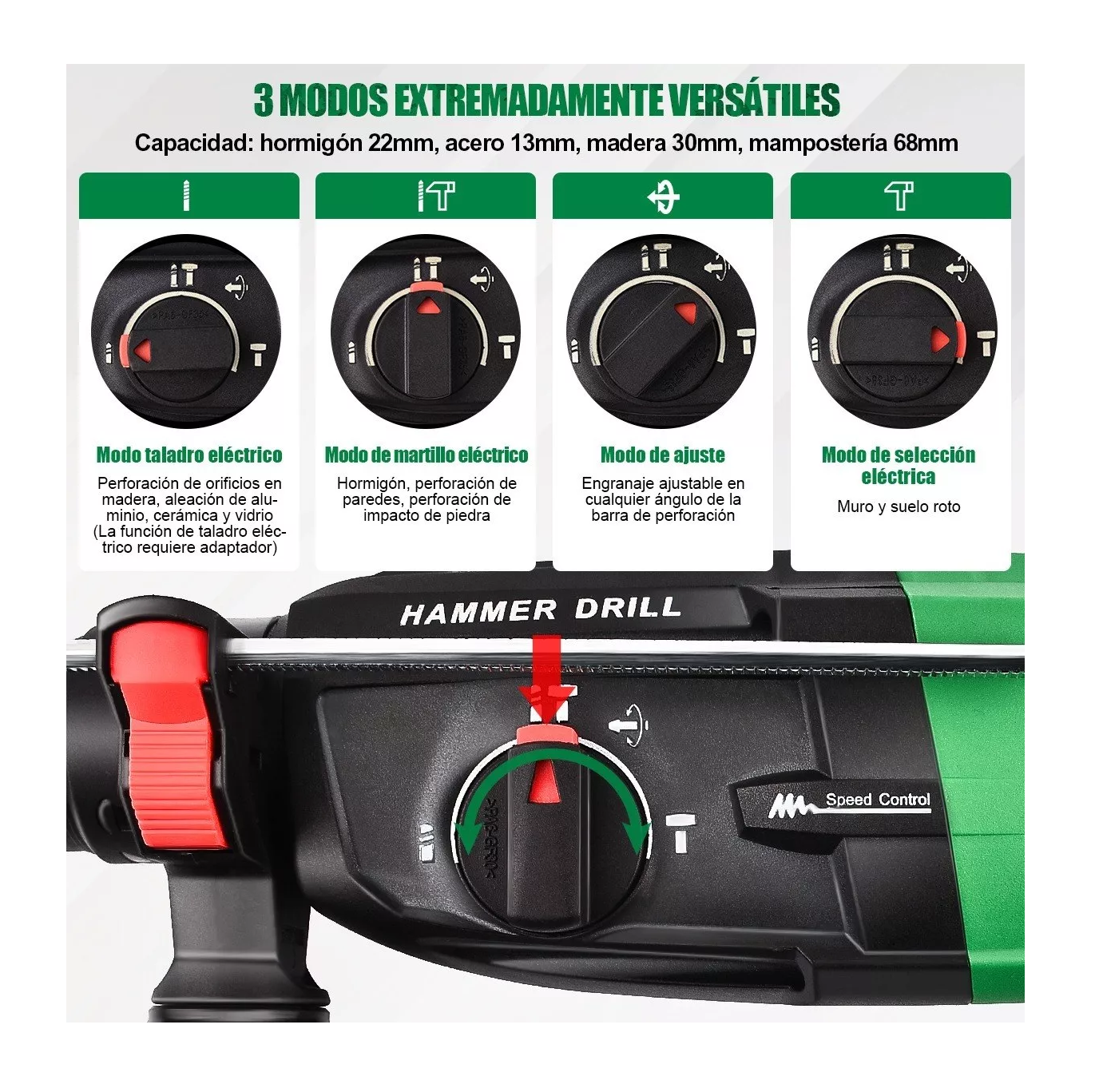 Foto 3 | Rotomartillo Concelador Perforador SHAWTY SDS-Plus 1050W Verde y Negro