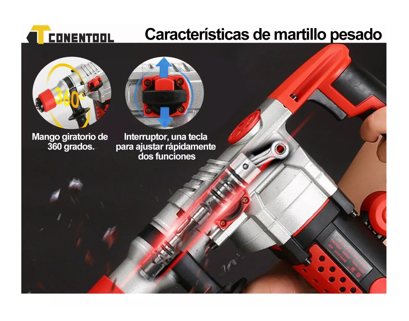 Foto 4 pulgar | Rotomartillo Cincelador Perforador CONENTOOL Rojo y Plata SDS Industrial 2200W