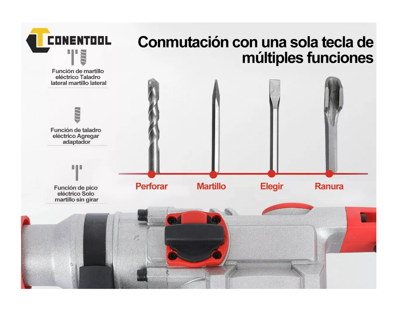 Foto 5 pulgar | Rotomartillo Cincelador Perforador CONENTOOL Rojo y Plata SDS Industrial 2200W