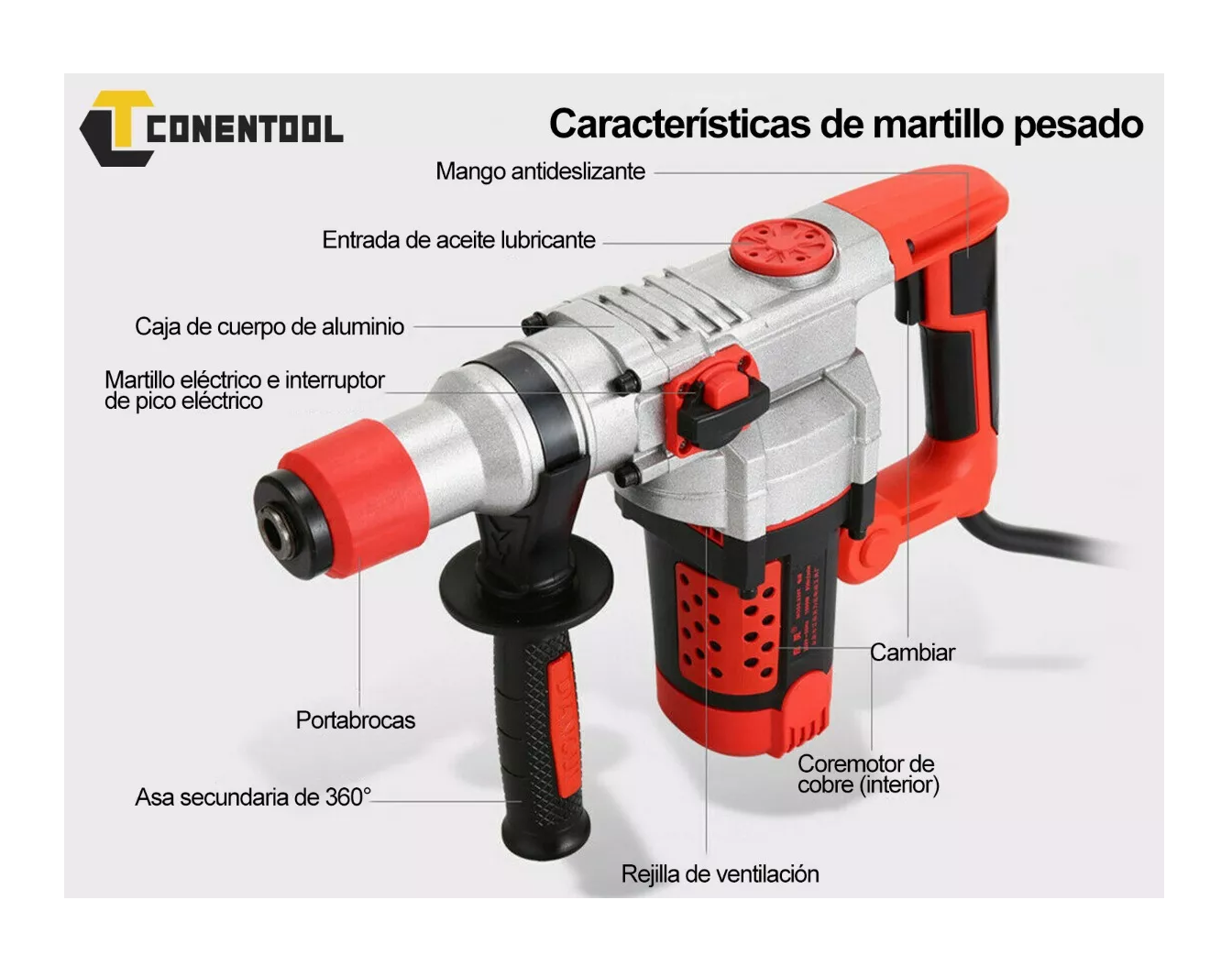 Foto 6 pulgar | Rotomartillo Cincelador Perforador CONENTOOL Rojo y Plata SDS Industrial 2200W