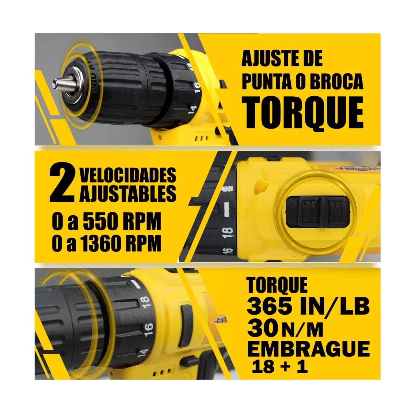 Foto 5 pulgar | Taladro Desatornillador Inalámbrico Gutstark 260w 1500 Rpm Amarillo