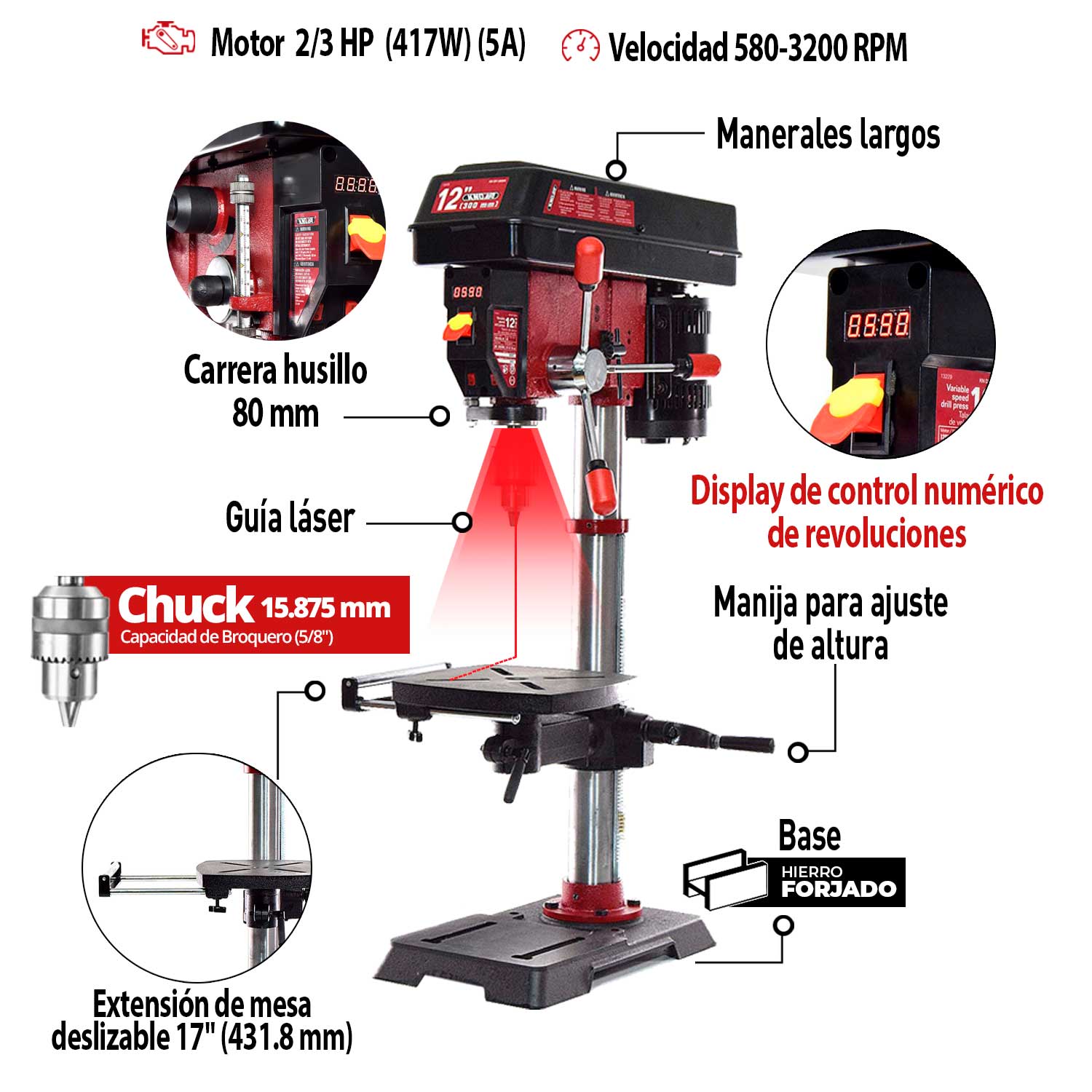 Foto 3 pulgar | Taladro de Columna de Banco Knova 12'' con Láser Guía y Mesa Extensible