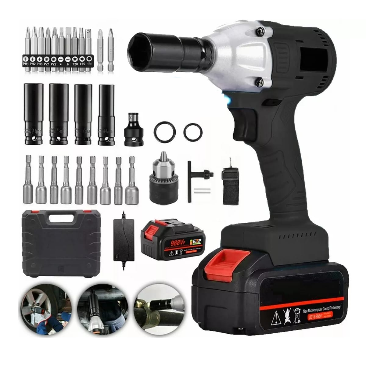 Llave De Impacto Inalámbrico Kit Electrica Con Batería Eo Safe Imports Esi-12006 Negro $1,579