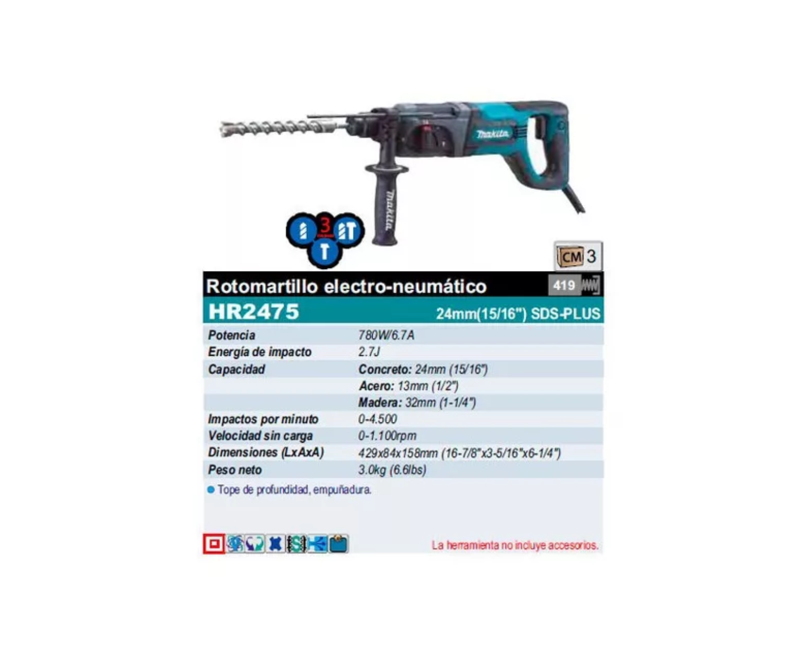 Foto 4 pulgar | Rotomartillo SDS Plus Makita Hr2475 Azul Turquesa 780w