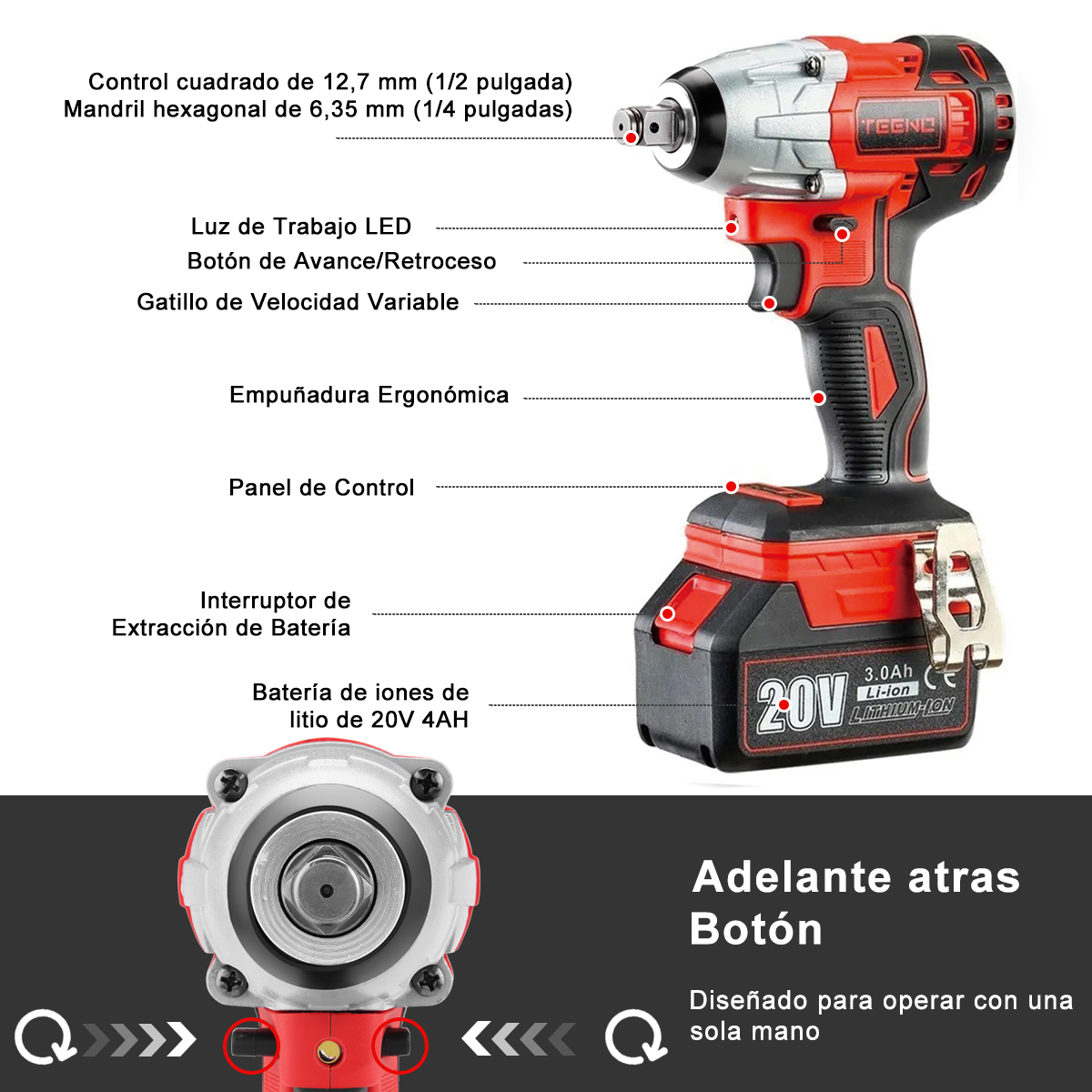 Foto 4 pulgar | Llave de Impacto Inalámbrica Teeno 20 V 3ah Pro 3799