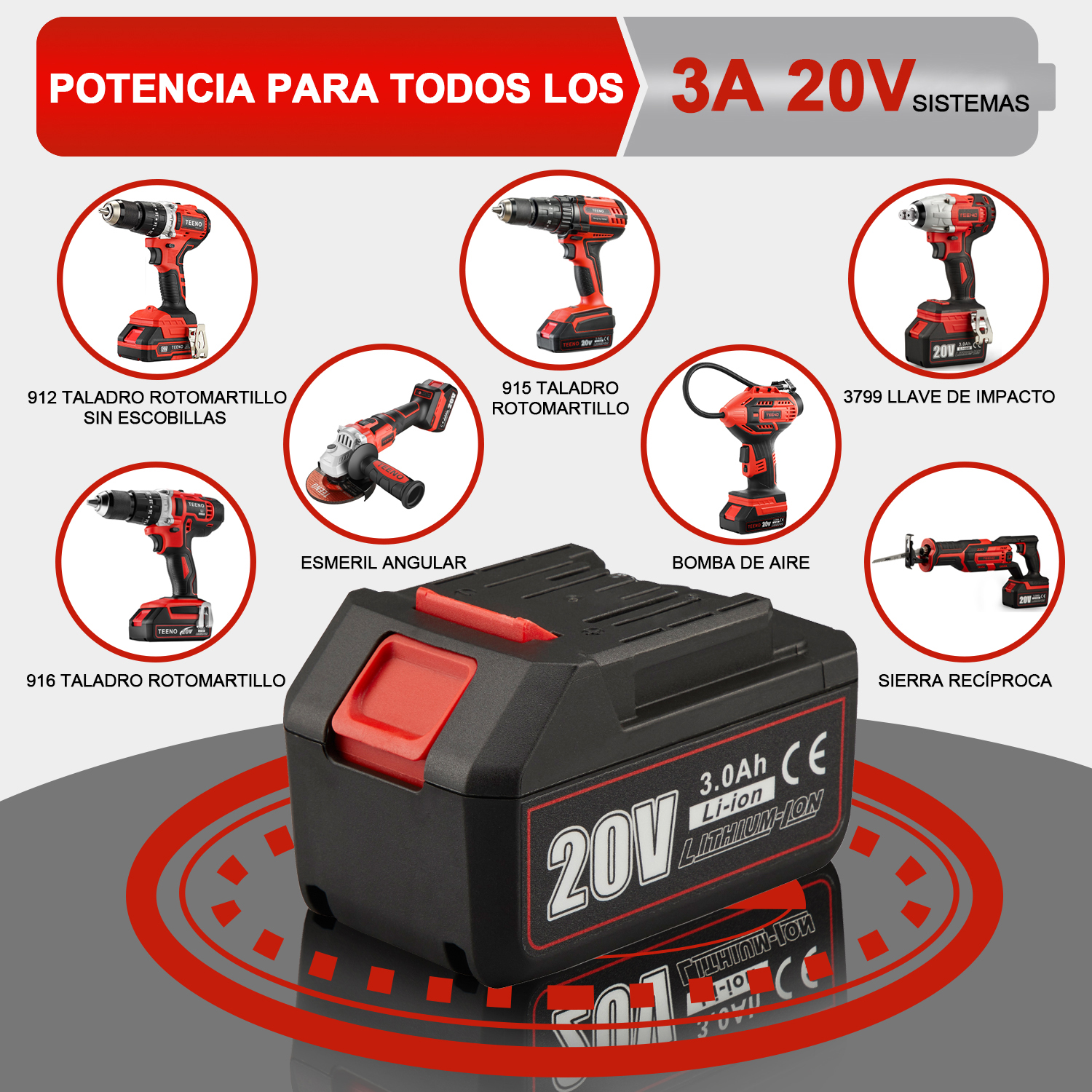 Foto 8 | Llave de Impacto Inalámbrica Teeno 20 V 3ah Pro 3799