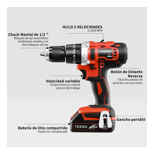 Foto 2 | Perforador Inalámbrico Teeno-916, 20 V 1/2 1 X 2,0 Ah, Iones De Litio