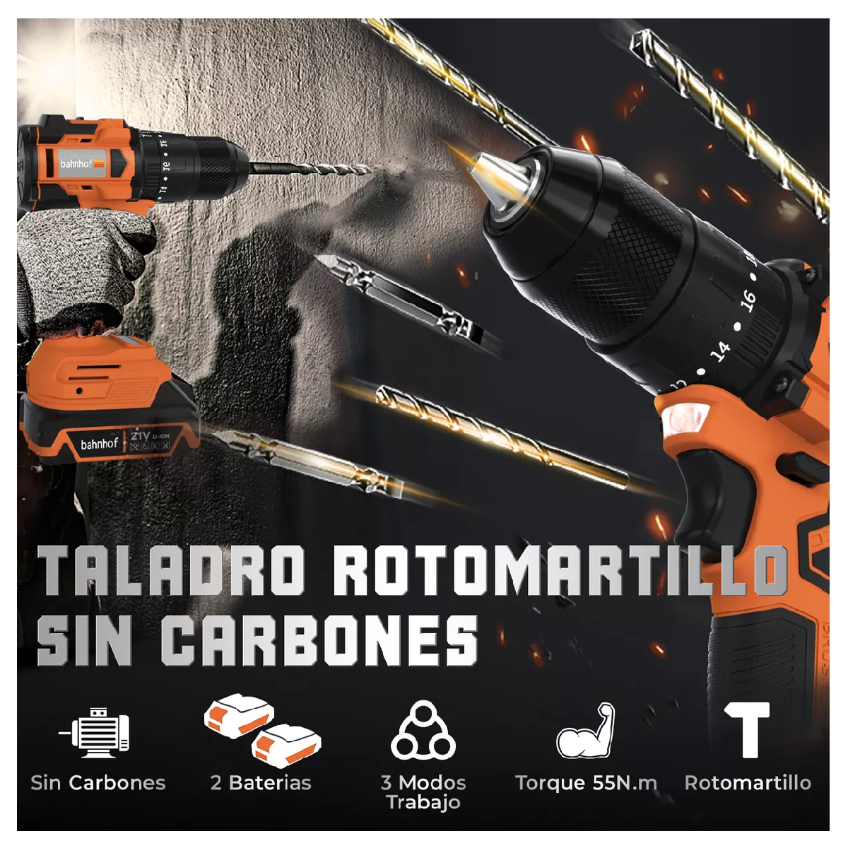 Foto 3 pulgar | Rotomartillo Taladro Inalámbrico Sin Carbones 2 Baterías Naranja Negro