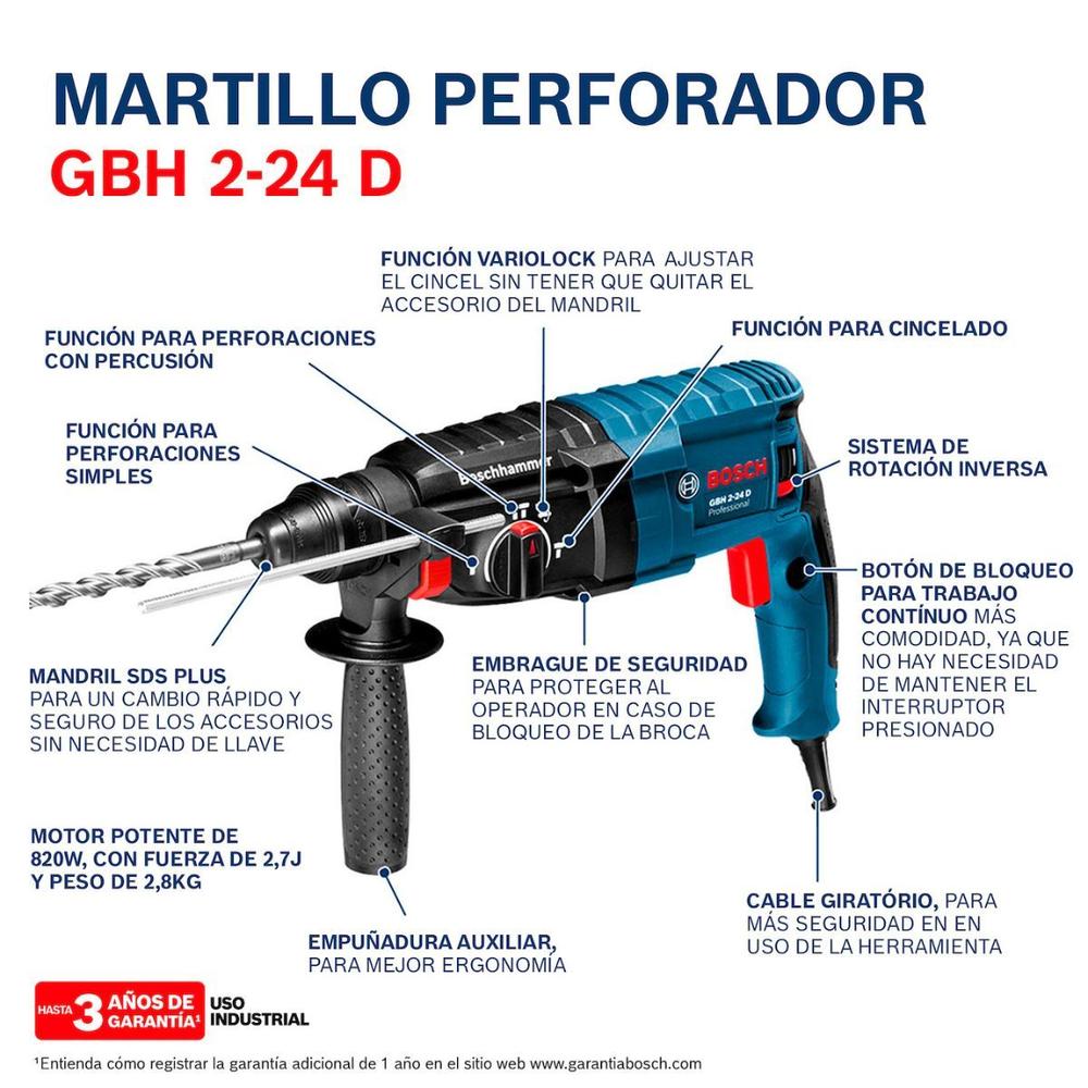 Foto 6 | Rotomartillo Cincelador Bosch Sds Plus Gh 2-24 + Brocas