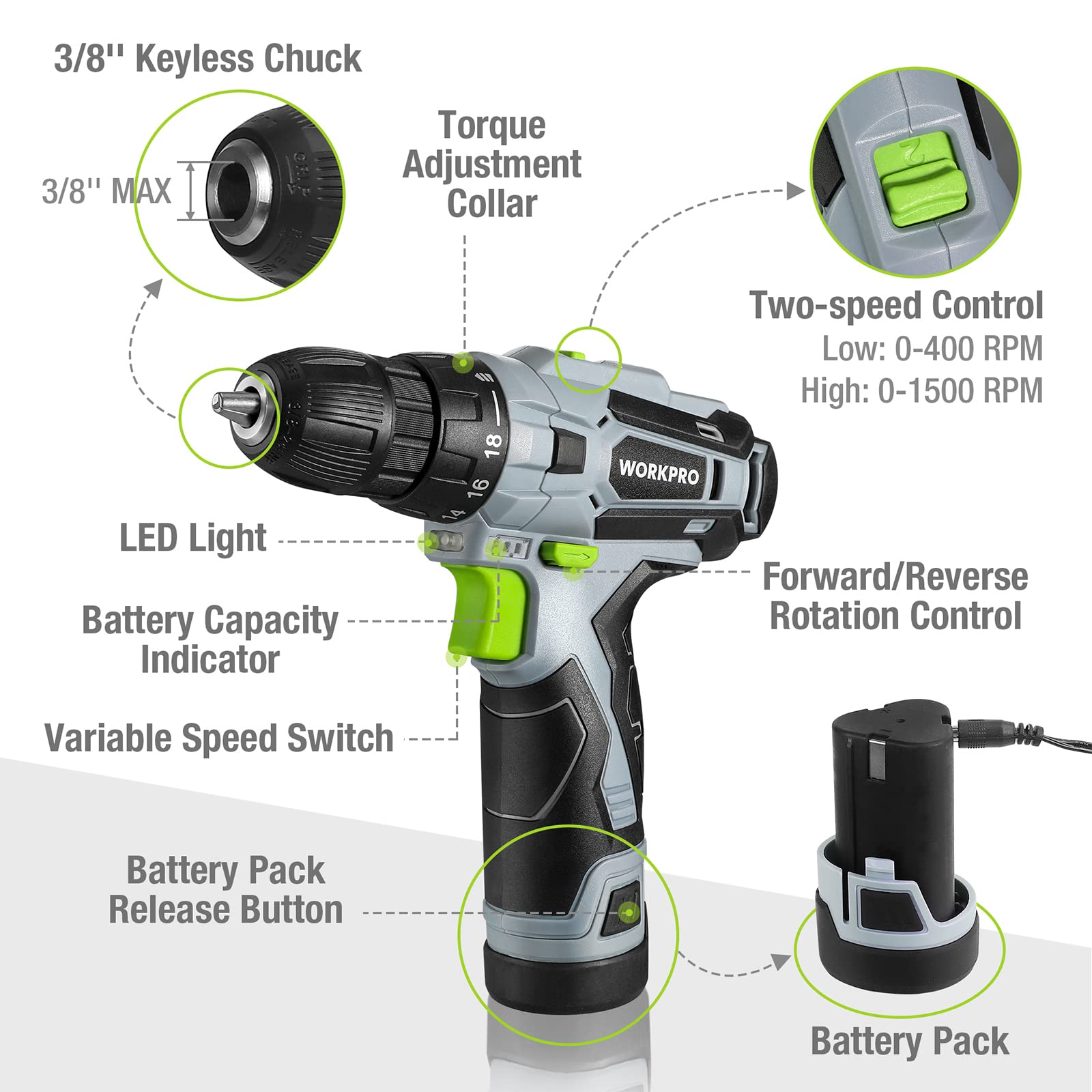 Foto 2 | Juego De Herramientas Workpro, Destornillador Inalámbrico De 12 V Con Kit De 61 Piezas - Venta Internacional.