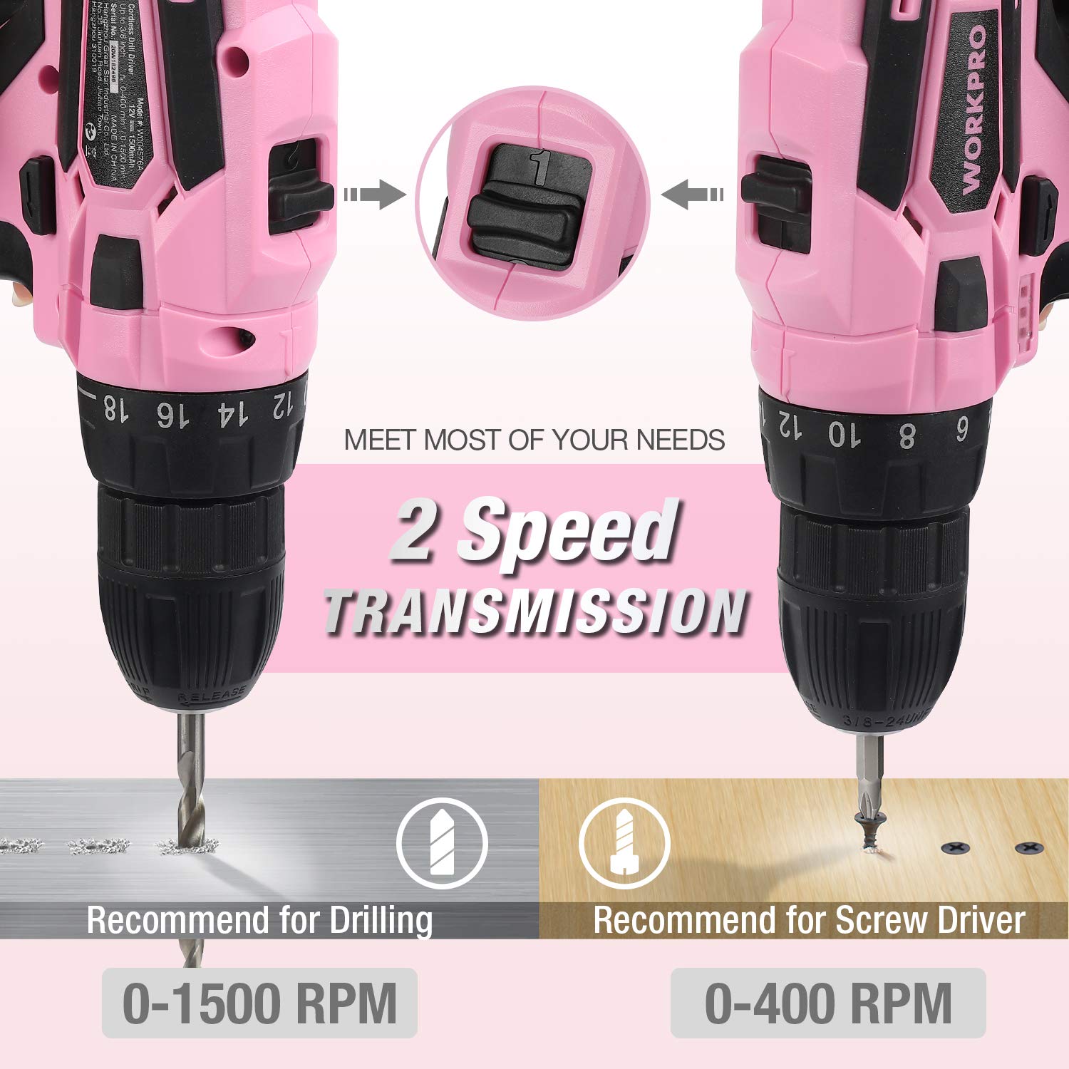 Foto 5 pulgar | Juego De Herramientas Workpro 12 V, Destornillador Inalámbrico Rosa, 61 Piezas Con Bolsa - Venta Internacional.