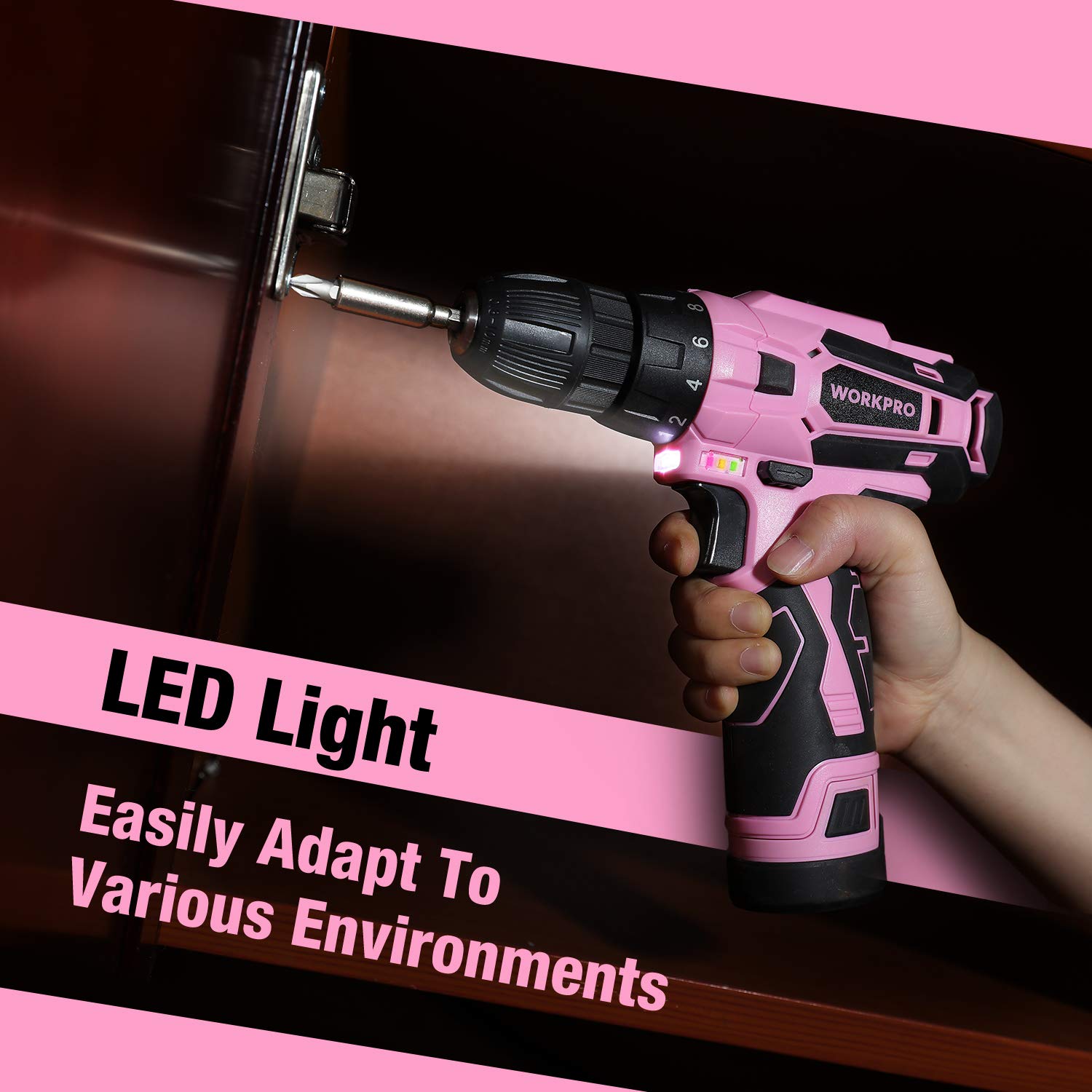 Foto 7 | Juego De Herramientas Workpro 12 V, Destornillador Inalámbrico Rosa, 61 Piezas Con Bolsa - Venta Internacional.