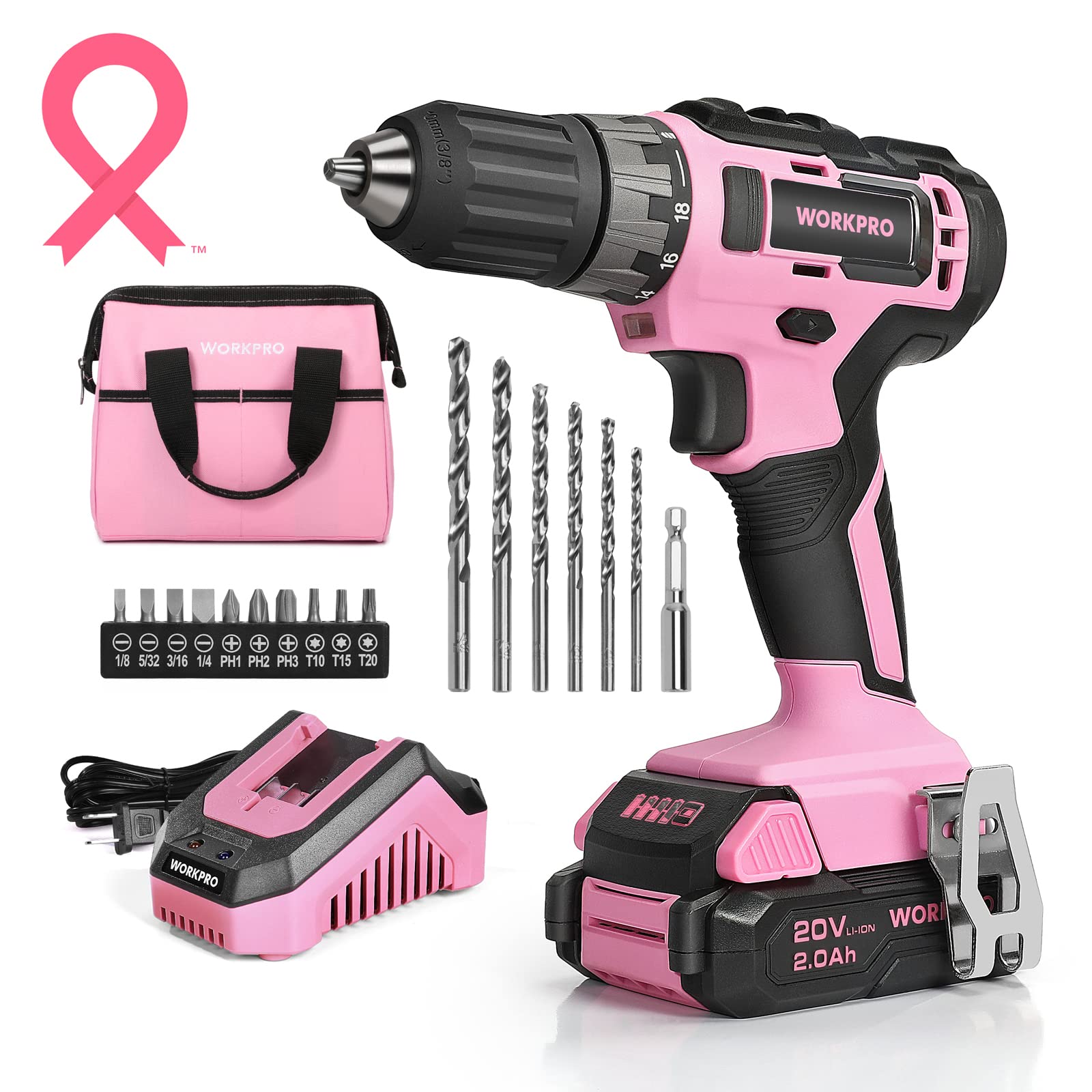 Foto 2 pulgar | Taladro Inalámbrico Workpro 20v Rosa 2.0ah con Cargador - Venta Internacional