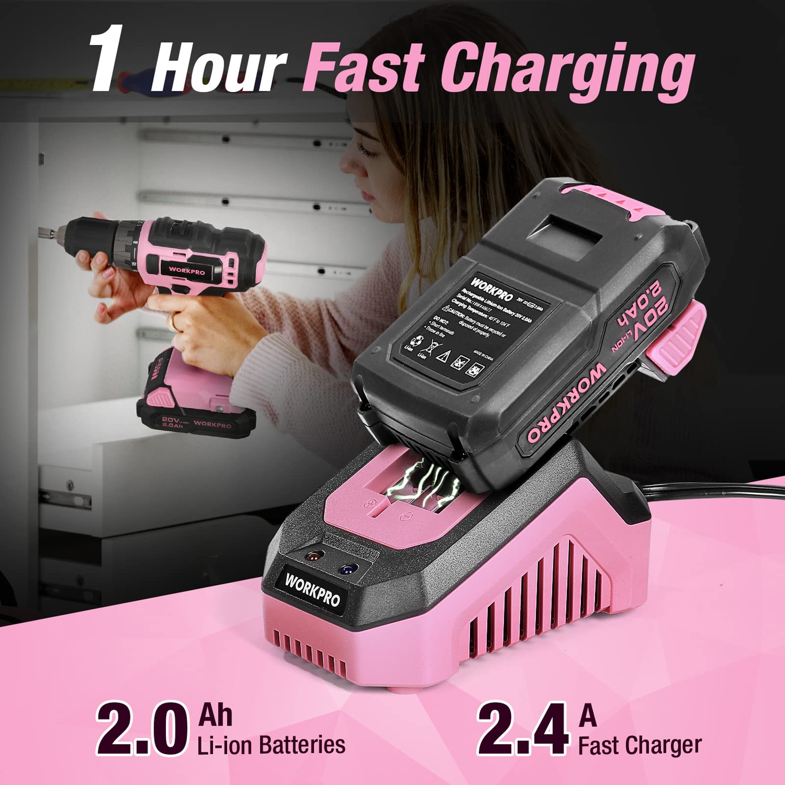 Foto 7 pulgar | Taladro Inalámbrico Workpro 20v Rosa 2.0ah con Cargador - Venta Internacional