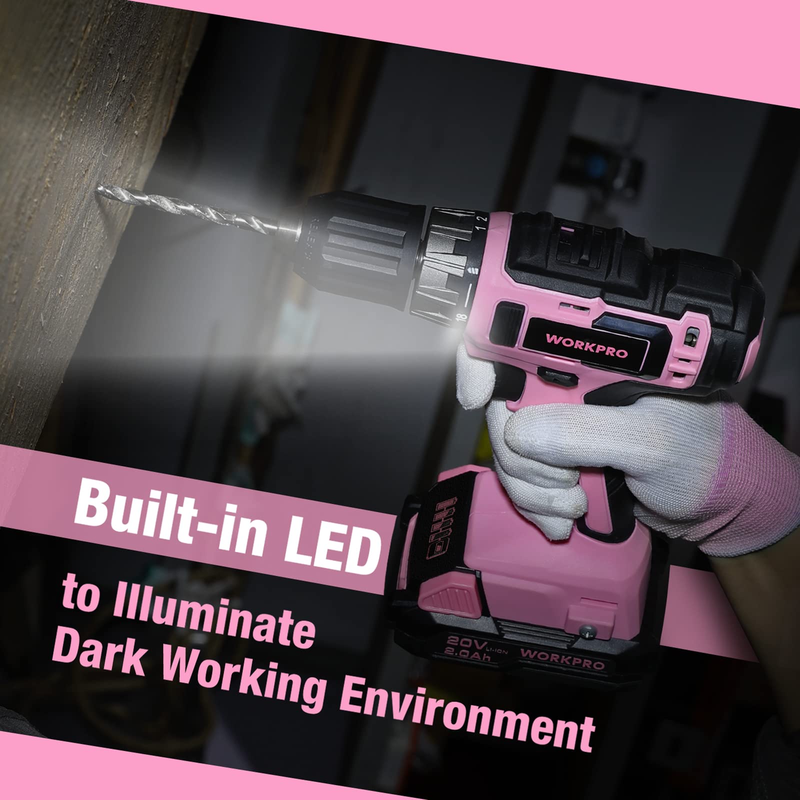 Foto 8 pulgar | Taladro Inalámbrico Workpro 20v Rosa 2.0ah con Cargador - Venta Internacional