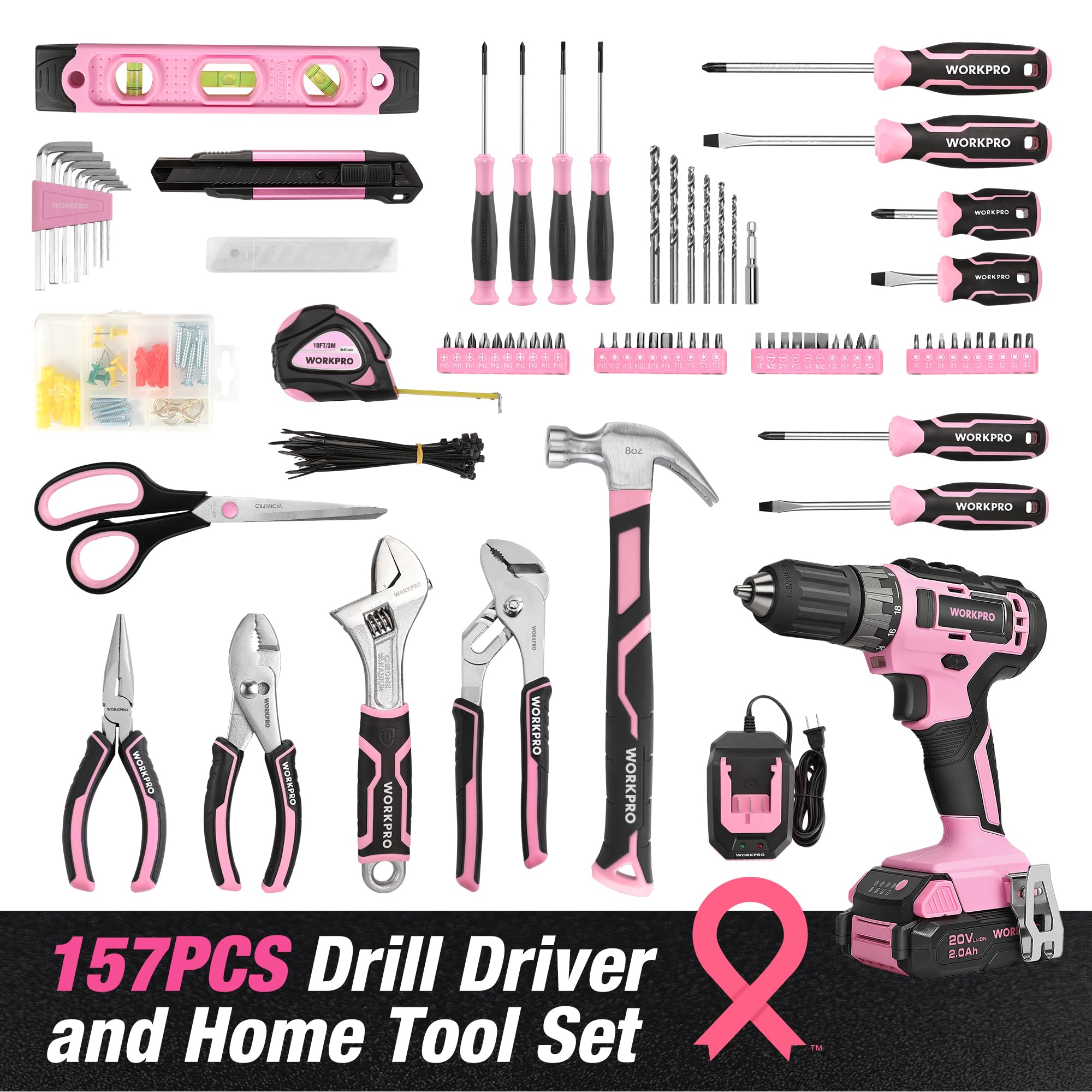 Foto 3 pulgar | Kit de Herramientas Workpro Rosa Taladro Inalámbrico 20 V 157 Piezas con Bolsa - Venta Internacional