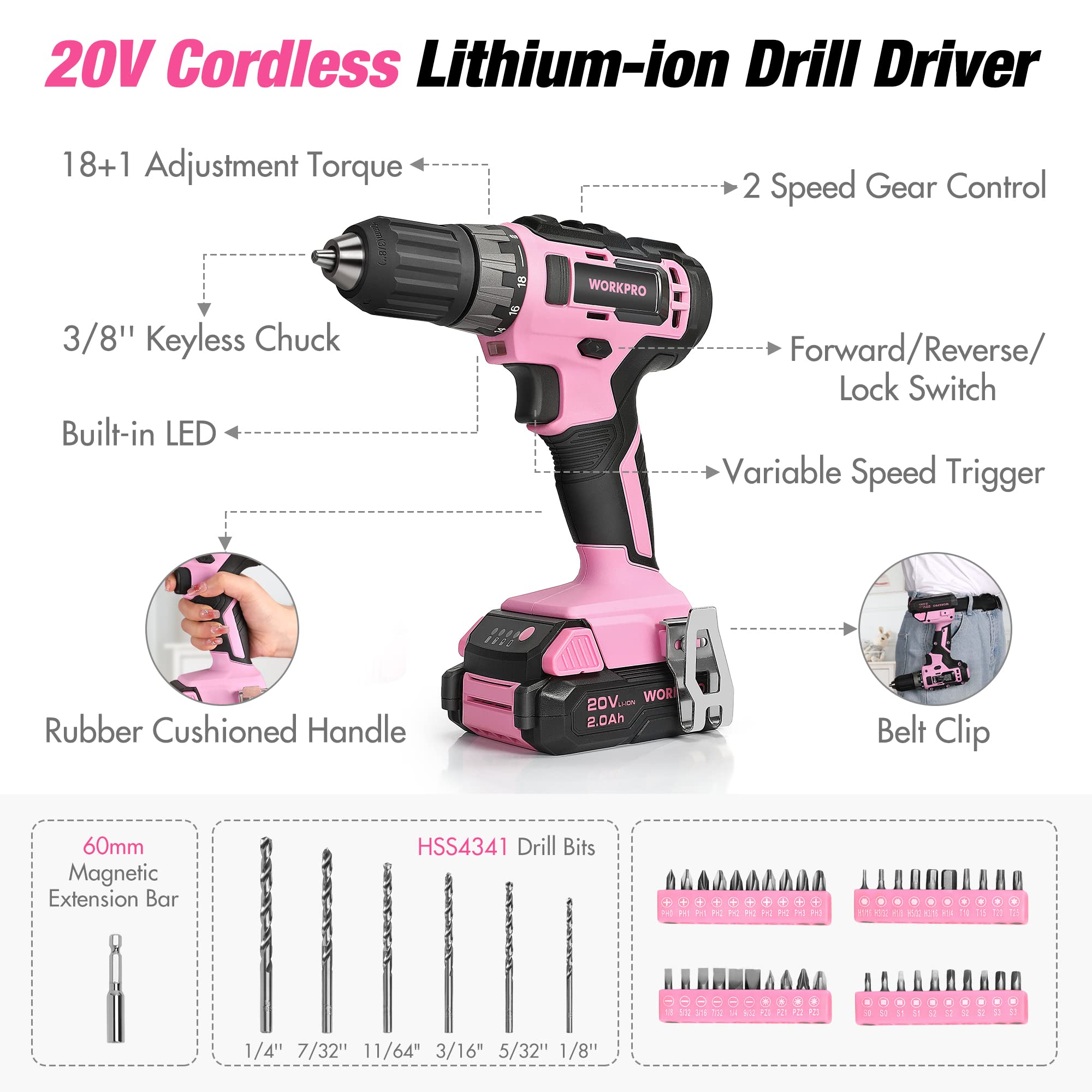 Foto 4 pulgar | Kit de Herramientas Workpro Rosa Taladro Inalámbrico 20 V 157 Piezas con Bolsa - Venta Internacional