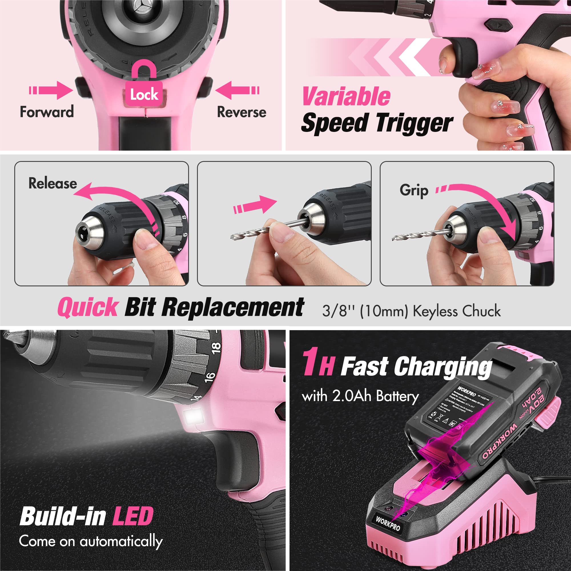 Foto 5 pulgar | Kit de Herramientas Workpro Rosa Taladro Inalámbrico 20 V 157 Piezas con Bolsa - Venta Internacional