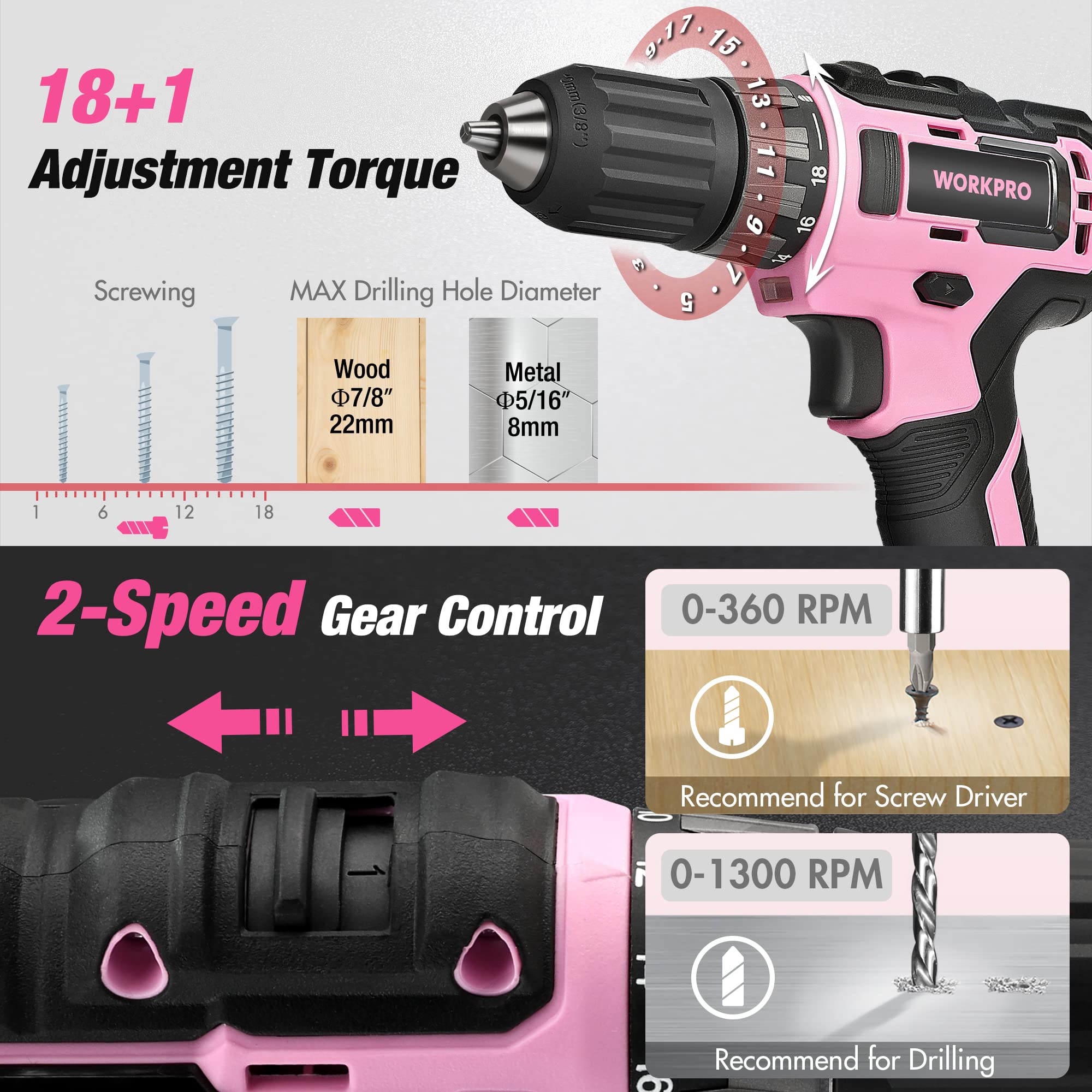 Foto 6 pulgar | Kit de Herramientas Workpro Rosa Taladro Inalámbrico 20 V 157 Piezas con Bolsa - Venta Internacional