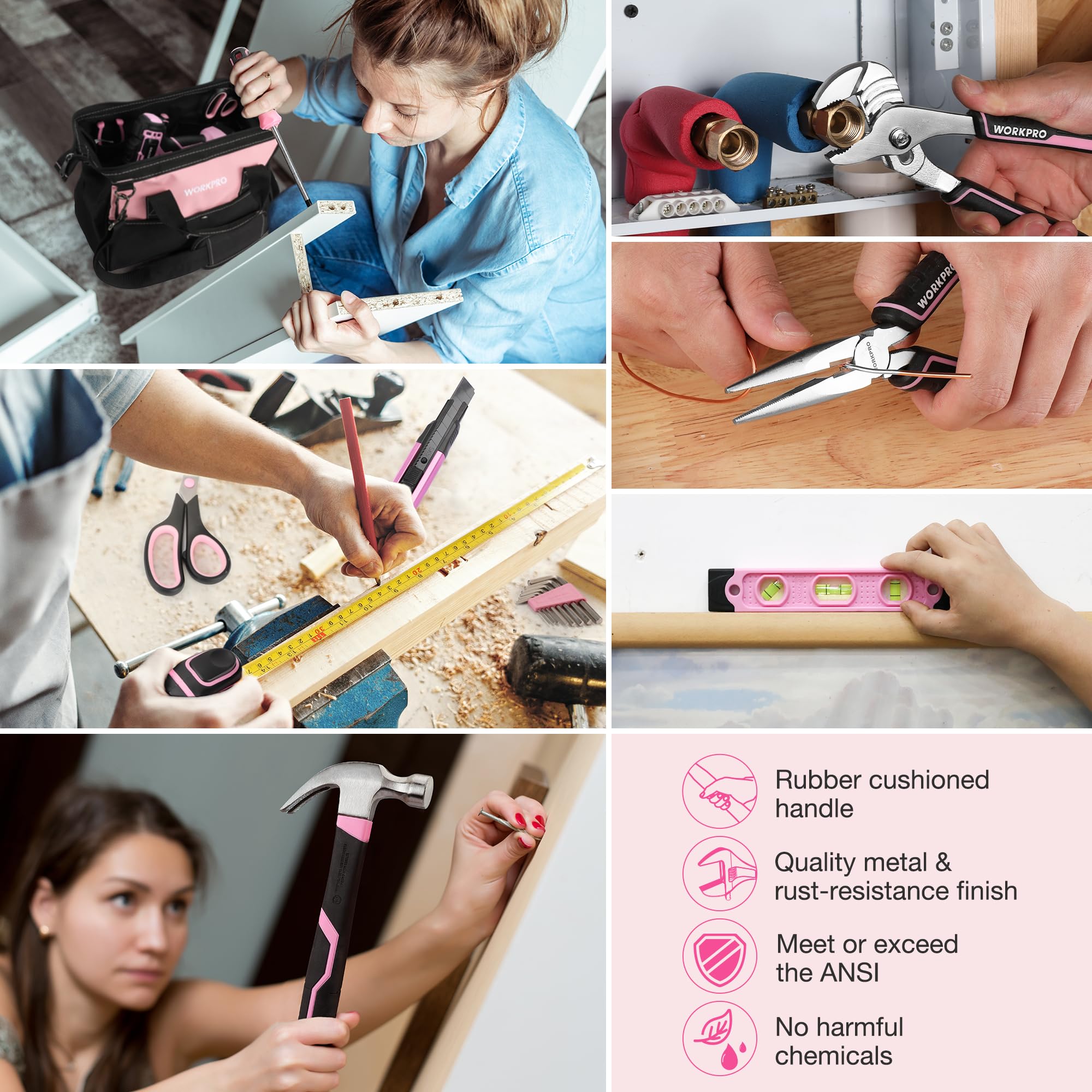 Foto 7 pulgar | Kit de Herramientas Workpro Rosa Taladro Inalámbrico 20 V 157 Piezas con Bolsa - Venta Internacional