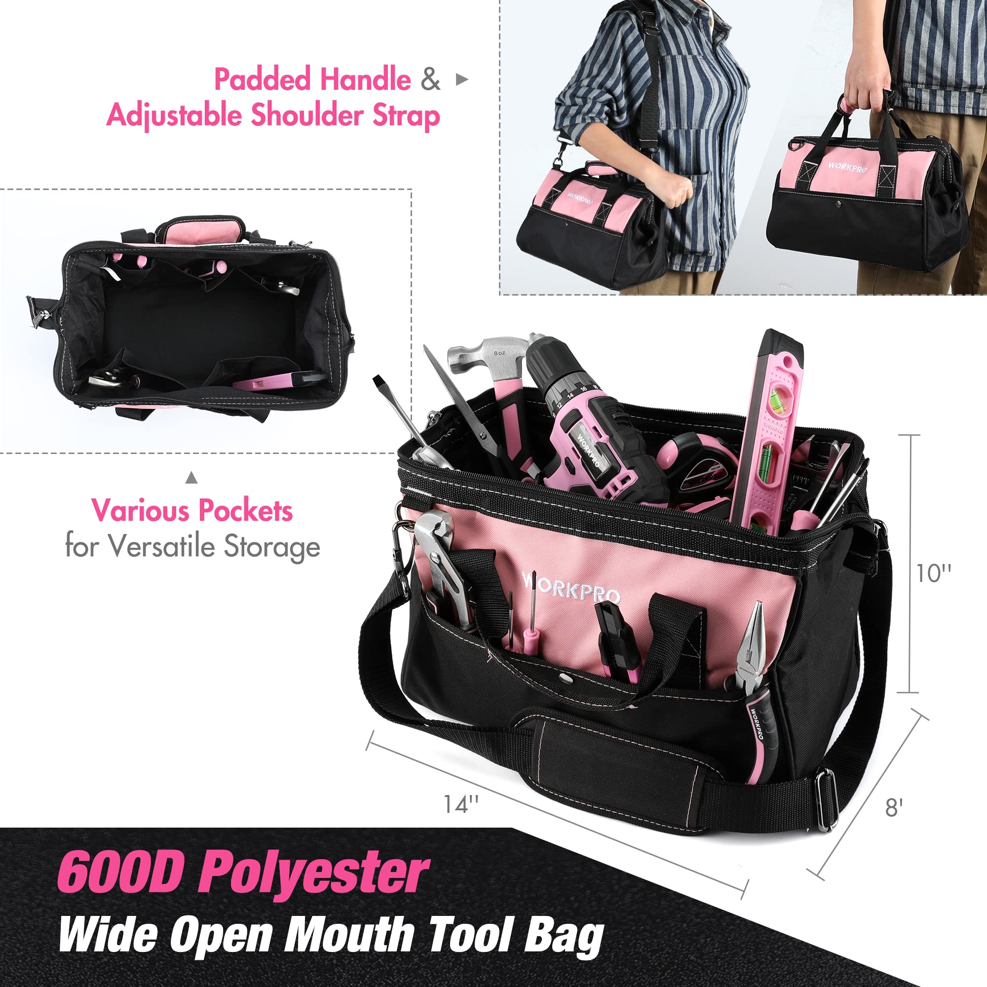 Foto 8 pulgar | Kit de Herramientas Workpro Rosa Taladro Inalámbrico 20 V 157 Piezas con Bolsa - Venta Internacional