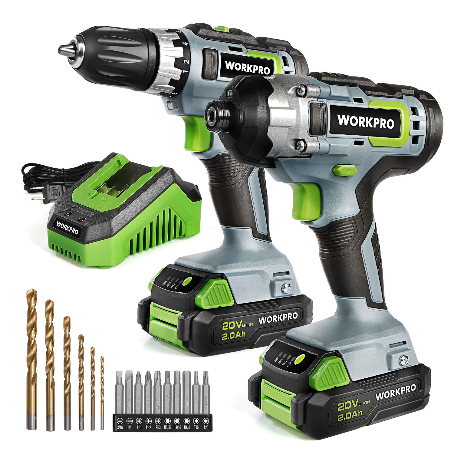 Kit Combinado de Taladro Inalámbrico Workpro de 20 V con Taladro/Destornillador de Impacto - Venta Internacional