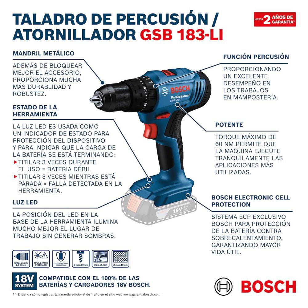 Foto 7 pulgar | Rotomartillo Inalámbrico Bosch 183-li 1/2' 56nm 18v 1815 Rpm