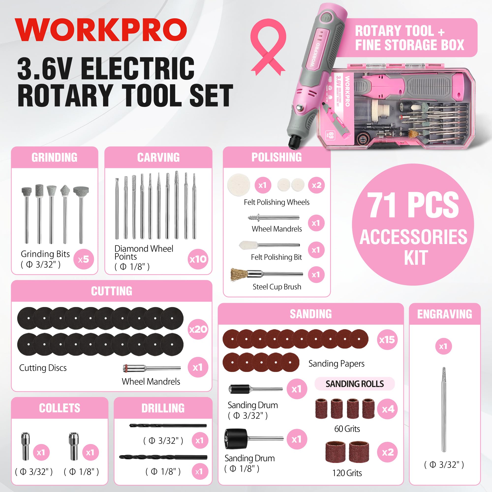 Foto 3 pulgar | Kit de Herramientas Rotativas Inalámbricas Workpro 3.6 V con 71 Piezas de Accesorios - Venta Internacional