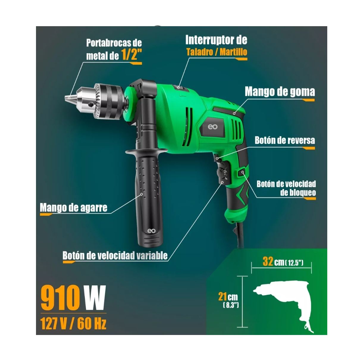 Foto 3 pulgar | Taladro Rotomartillo 1/2'' Pro 910w con Brocas & Puntas Eo Safe Imports ESI-5414-1 Verde